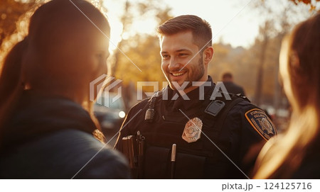 Friendly police officer in uniform smiling while interacting with citizens during sunset. Community policing and positive law enforcement engagement captured in warm golden light 124125716