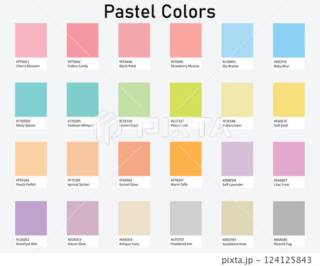 Color Palette 24 Pastel Colours - Cool, Warm, Neutrals, Light Tones - with HEX Codes and Names, Colour Scheme and Combinations 124125843