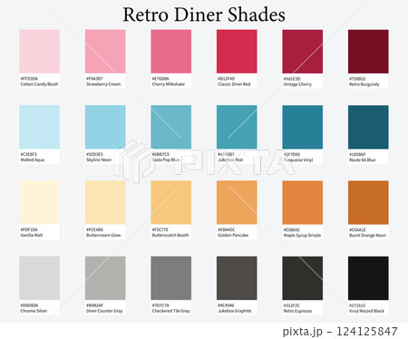 Color Palette 24 Retro Diner Shades - Vintage Classic, Pastel Pink, Soft Cream, Aqua Blue - with HEX Codes and Names, Colour Scheme and Combinations 124125847