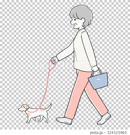 一位老年婦女遛狗 124125963