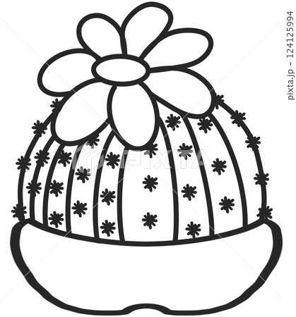 A delicate, hand-drawn cactus outline in minimalist style, illustration of a children's activity coloring book page with pictures of cactus.  124125994