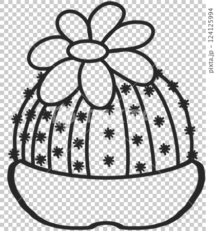 A delicate, hand-drawn cactus outline in minimalist style, illustration of a children's activity coloring book page with pictures of cactus.  124125994