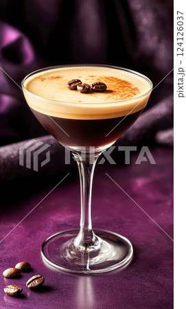 Elegant Espresso Martini cocktail with a rich frothy top, garnished with coffee beans, served in a classic glass against a luxurious purple background with a velvety texture. 124126037