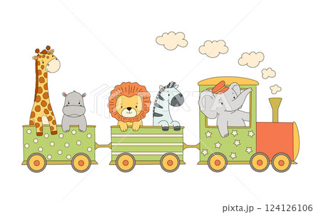 Cute train with african animals on white background. Zebra, elephant and lion, cartoon vector illustration for kids 124126106