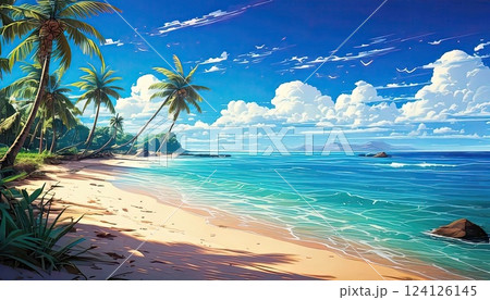 《AI画像》南国のビーチ　青い海と空 124126145