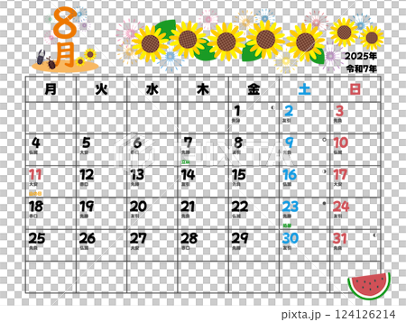 2025 年 8 月曆從星期一開始 124126214