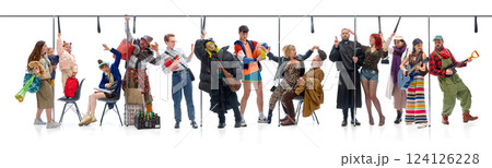 Collage. People from different walks of life standing, sitting, and interacting in public transport, holding onto straps, and expressing emotions. 124126228