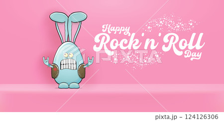 World rock n roll day horizontal banner with funny cartoon rock star rabbit character and rock hand gesture isolated on pink room background. Rock n roll poster World rock n roll day horizontal banner with funny cartoon rock star rabbit character and rock hand gesture isolated on pink room background. Rock n roll poster 124126306