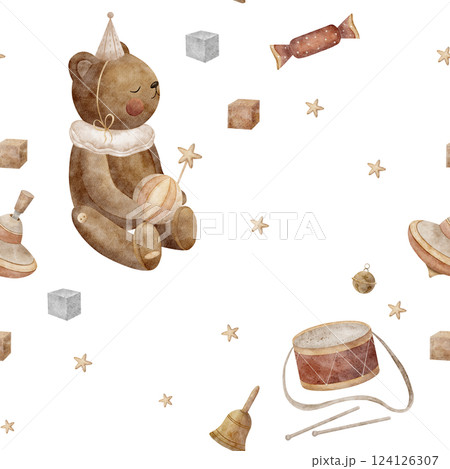 Seamless pattern of vintage toys teddy bear, spinning top, ball, playing cubes, stars. Watercolor illustration on white background for printing on textiles, fabrics, packaging, clothes, prints, cards 124126307