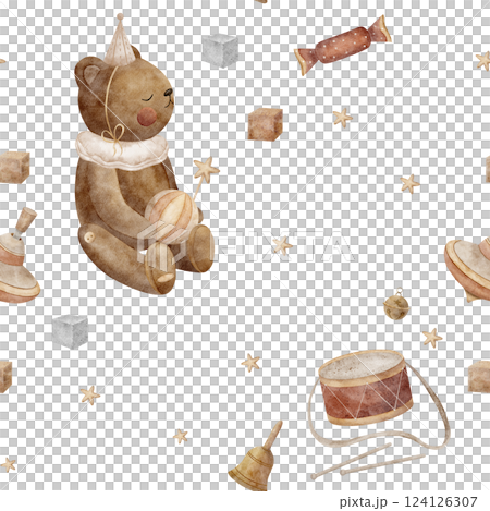 Seamless pattern of vintage toys teddy bear, spinning top, ball, playing cubes, stars. Watercolor illustration on white background for printing on textiles, fabrics, packaging, clothes, prints, cards 124126307