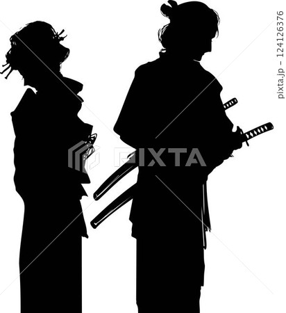 若い武士と恋心を抱く江戸の町娘のモノクロ切り絵風シルエット 124126376