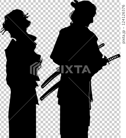 Monochrome paper-cut style silhouette of an Edo town girl in love with a young samurai 124126376