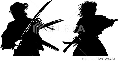 戦国時代斬りかかる若侍たちの殺陣決闘シーン切り絵風モノクロシルエットイラスト 戦国時代斬りかかる若侍たちの殺陣決闘シーン切り絵風モノクロシルエットイラスト 124126378