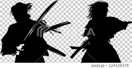 戦国時代斬りかかる若侍たちの殺陣決闘シーン切り絵風モノクロシルエットイラスト 戦国時代斬りかかる若侍たちの殺陣決闘シーン切り絵風モノクロシルエットイラスト 124126378
