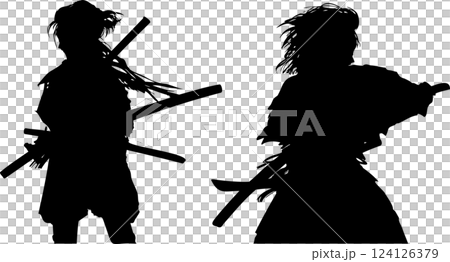 戦国時代斬りかかる若侍たちの殺陣決闘シーン切り絵風モノクロシルエットイラスト 124126379