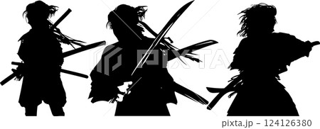 戦国時代斬りかかる若侍たちの殺陣決闘シーン切り絵風モノクロシルエットイラスト 124126380