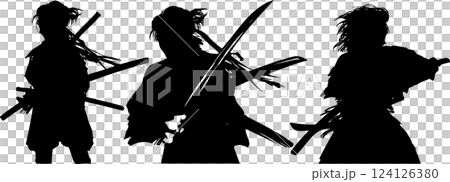 戦国時代斬りかかる若侍たちの殺陣決闘シーン切り絵風モノクロシルエットイラスト 124126380