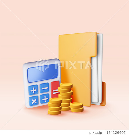 3D financial reports with money and calculator. 124126405