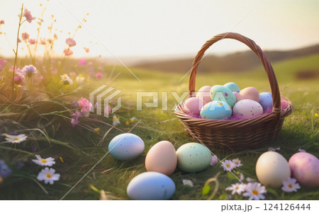 Easter basket with colored eggs on the background of a landscape, field and flowers 124126444