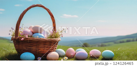 Easter basket with colored eggs on the background of a field of flowers 124126465