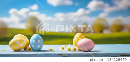 colorful easter eggs on wooden table with landscape background 124126479