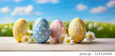 colorful easter eggs on wooden table with landscape background colorful easter eggs on wooden table with landscape background 124126480