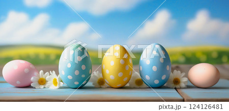 colorful easter eggs on wooden table with landscape background 124126481