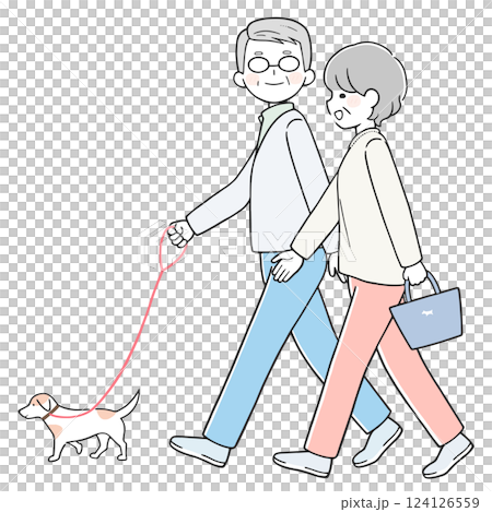 Senior couple walking their dog together 124126559