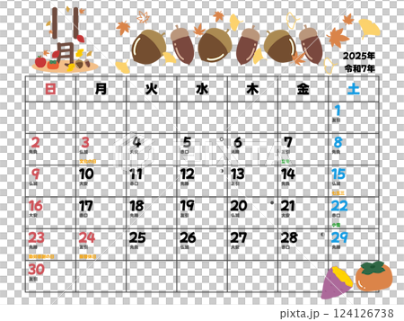 2025年11月カレンダー日曜始まり 124126738