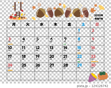 2025年11月カレンダー月曜始まり 124126742
