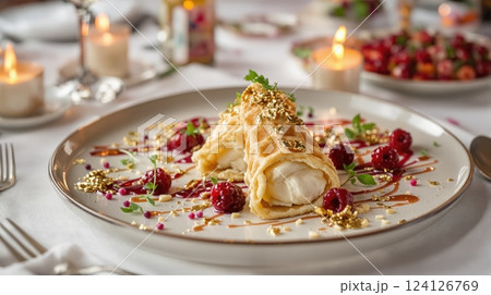 Delicate Krumkake served with fresh raspberries and garnishes in Norway's gourmet dining setting 124126769
