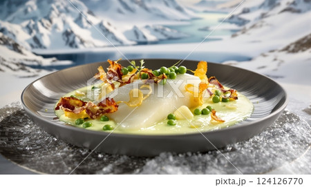 Lutefisk served with green peas and crispy toppings against a stunning Norwegian backdrop 124126770