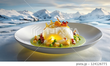 Traditional lutefisk served with flavors of Norway among breathtaking snowy mountains 124126771