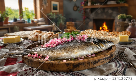 Delicious rakfisk served on a wooden platter in a cozy Norwegian setting 124126772