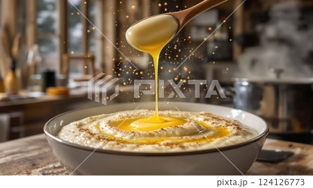Delicious Rommegrot preparation in a cozy Norwegian kitchen with creamy texture and rich flavor 124126773