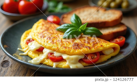 Delicious tomato and cheese omelet served with fresh basil and toast on a rustic wooden table 124126777