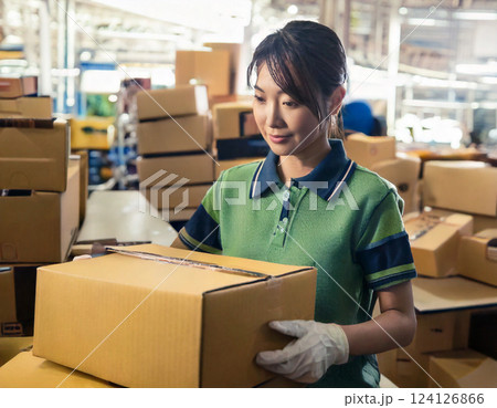 工場で梱包する女性 工場で梱包する女性 124126866
