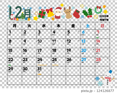 2025年12月カレンダー月曜始まり 2025年12月カレンダー月曜始まり 124126877