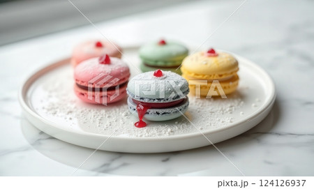 Colorful French macarons displayed on a white plate with a soft sprinkle of icing sugar 124126937
