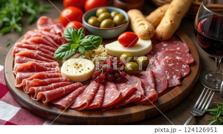 Delicious antipasto platter featuring cured meats and fresh ingredients from Italy 124126951
