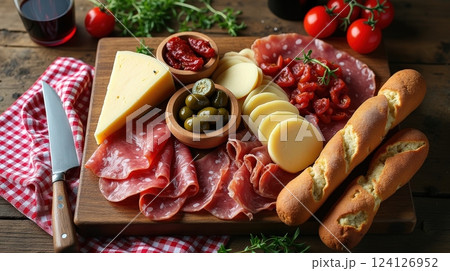 Tasty Italian antipasto with cured meats, cheeses, and fresh ingredients on a wooden board 124126952