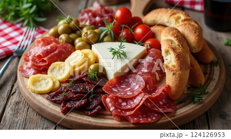 Enjoying a delightful Italian antipasto platter with various cured meats, cheeses, and bread 124126953