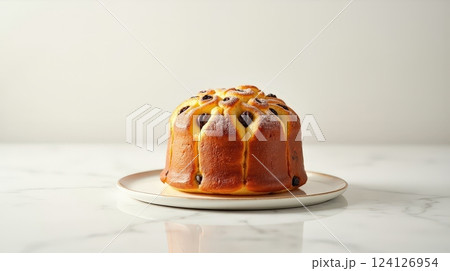 Delicious panettone rests on a plate, showcasing its golden crust and rich texture in Italy 124126954