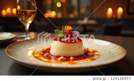 Delicious panna cotta served with fresh berries in an Italian restaurant setting 124126957