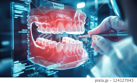 Dentist analyses a tooth X-ray holographic film. The concept of dental care, diagnostics, and precision in oral health treatment with modern technology. Generative AI. 124127043