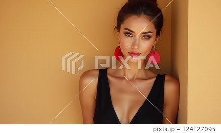 Elegant woman by a warm wall, showing vibrant accessories and a confident expression 124127095