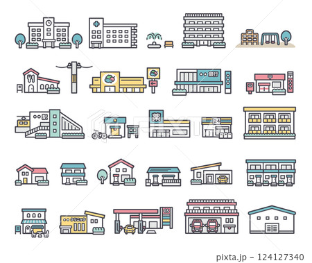 Multiple illustrations of facilities and buildings Multiple illustrations of facilities and buildings 124127340
