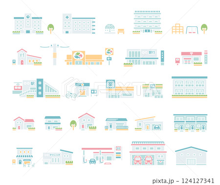 Multiple illustrations of facilities and buildings 124127341