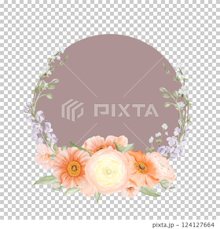 Elegant floral Spring frame with soft Ranunculus and Iceland Poppies Flowers, Freesia, Peach or Cherry, Snow Willow Branches arranged around a muted brown circle. Watercolor hand drawn botanical 124127664
