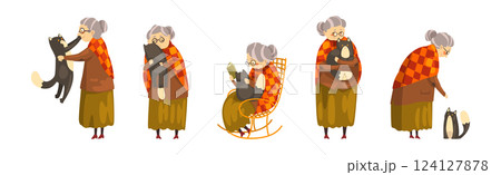 Funny Granny with Her Black Cat Pet Vector Set Funny Granny with Her Black Cat Pet Vector Set 124127878